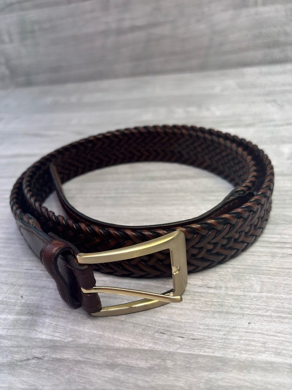 Men's Woven Leather Belt with Gold Buckle - Brown